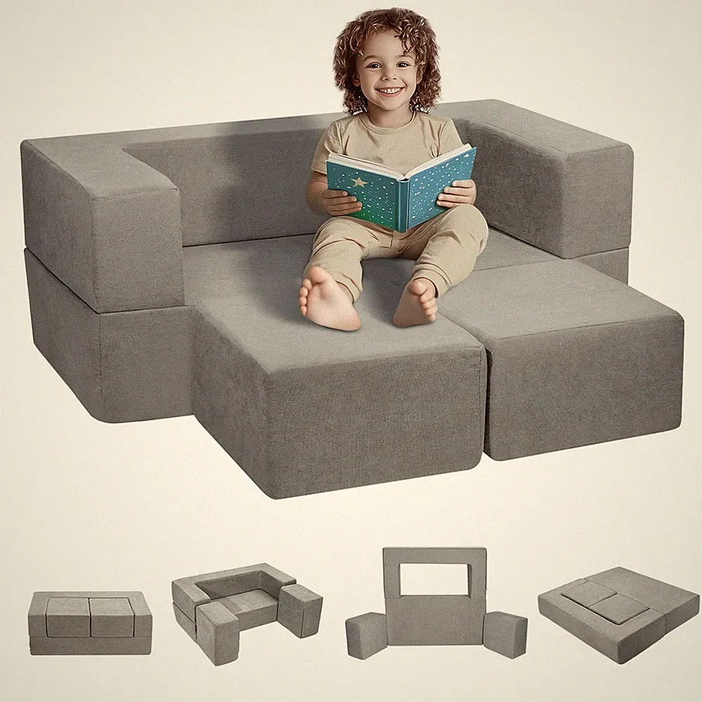 4Pcs Modular Kids Play Couch Sofa Bed with Removable Cover, Grey
