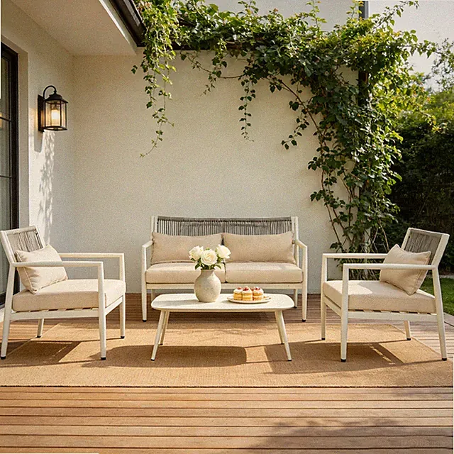 4pcs Outdoor Patio Furniture Set Sectional Sofa Iron Chair Set with Cushions
