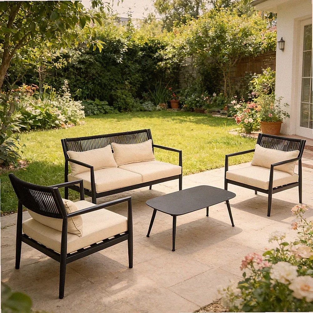 4pcs Outdoor Patio Furniture Set Sectional Sofa Iron Chair Set with Cushions