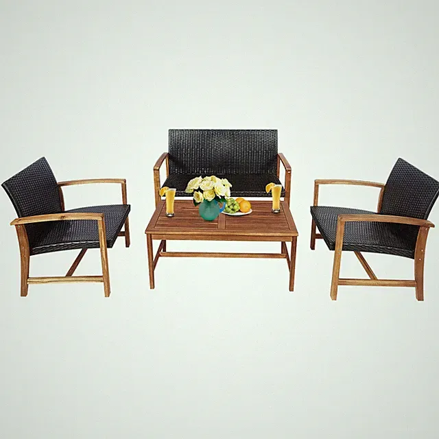 4PCS Outdoor Patio Rattan Furniture Set Acacia Wood Frame Sofa Loveseat Garden