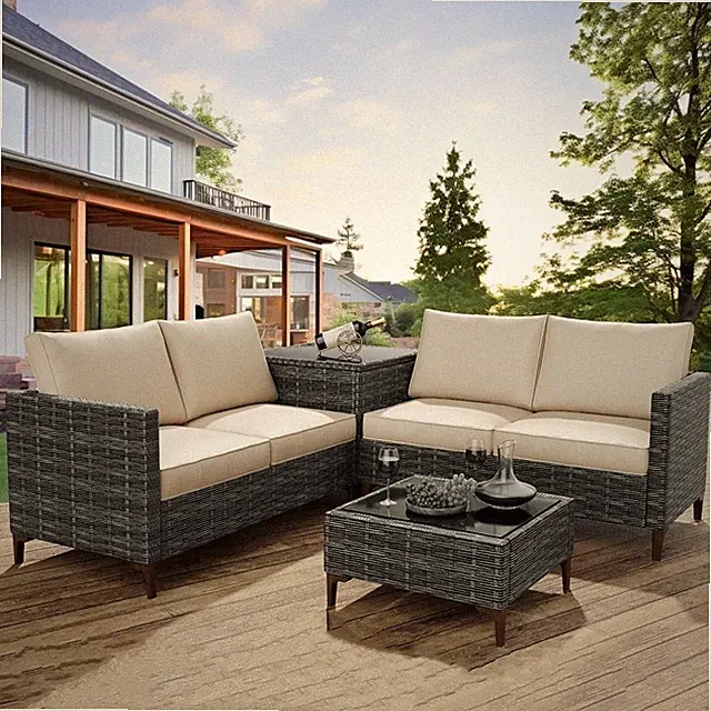 4Pcs Outdoor Rattan Sectional Sofa Patio Furniture Set w/ Coffee Table & Storage