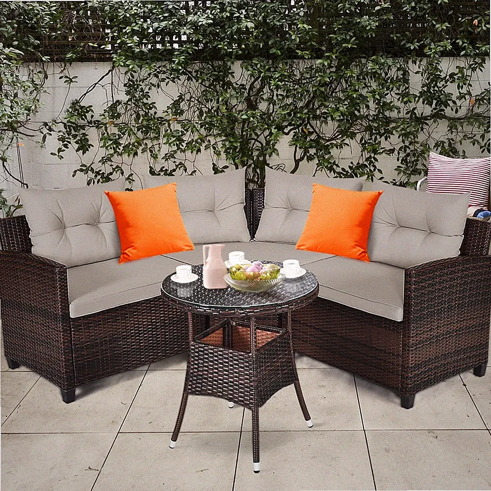 4PCS Patio Furniture Set Outdoor Rattan Sectional w/ Cushioned Sofa Table