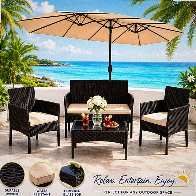 4PCS Patio Rattan Conversation Set Outdoor Furniture Cushion Sofa Beige Cushions