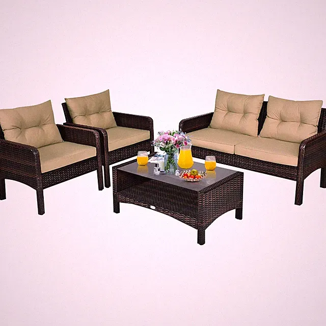 4PCS Patio Rattan Furniture Set Loveseat Sofa Coffee Table Garden W/ Cushion