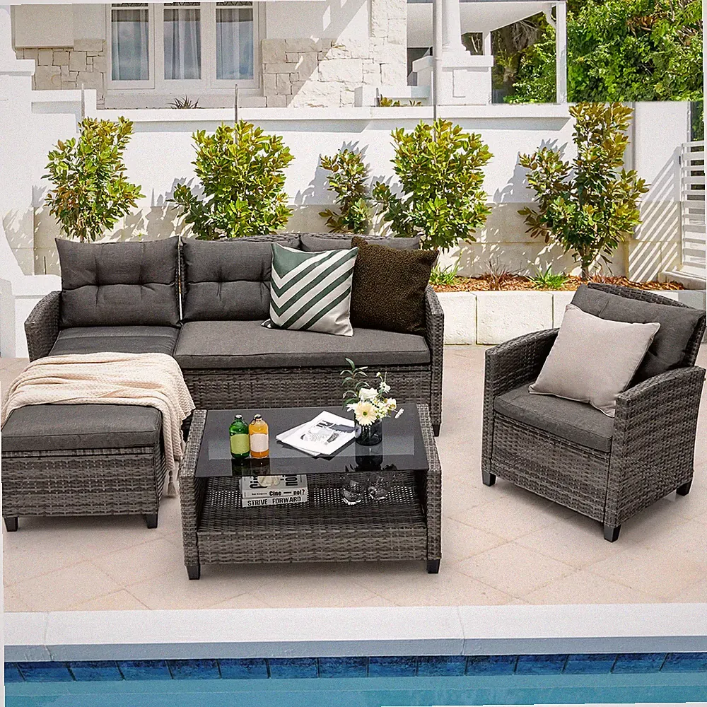 4PCS Rattan Patio Conversation Furniture Set Outdoor Sectional Sofa Set