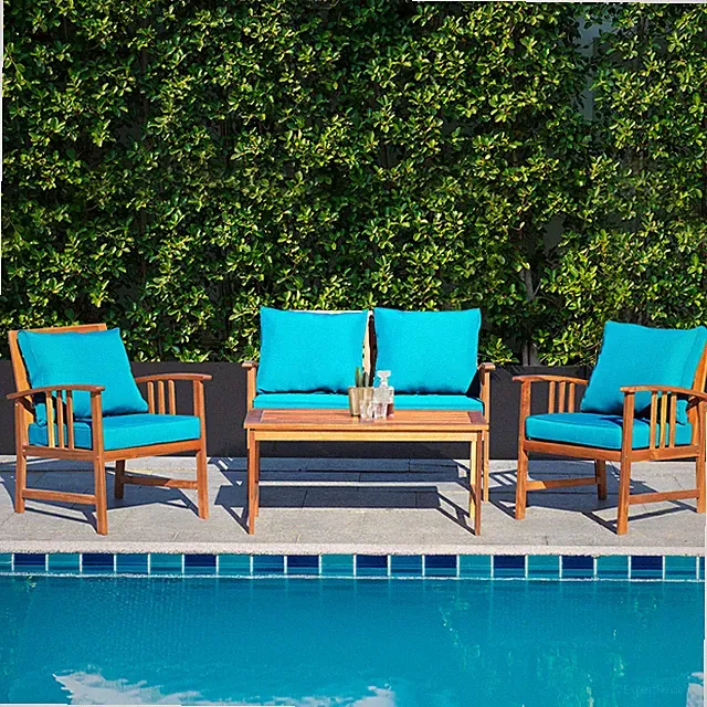 4pcs Wooden Patio Furniture Set Table & Sectional Sofa w/ Turquoise Cushion