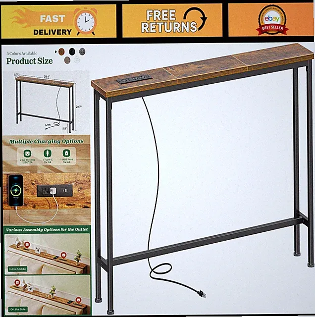 5.7" Console Table with Outlet - Sofa Table, Behind Couch, Rustic Brown, Metal F