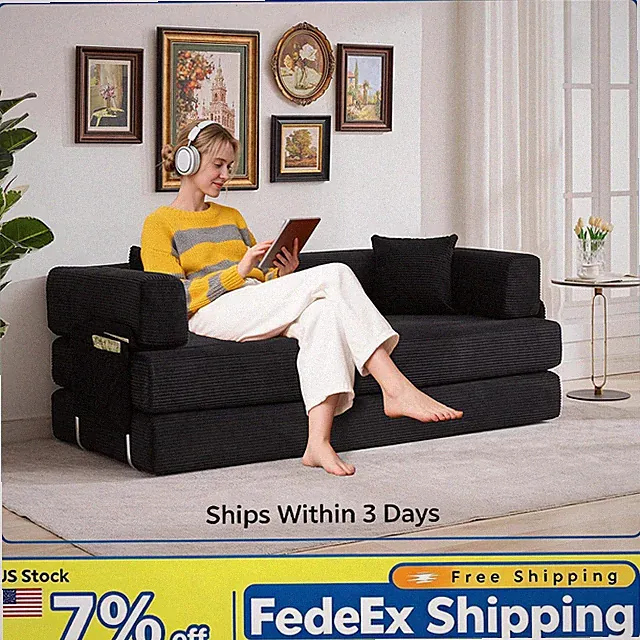 5-in-1 Convertible Corduroy Sleeper Sofa Bed 78.7", Folding with Pillows