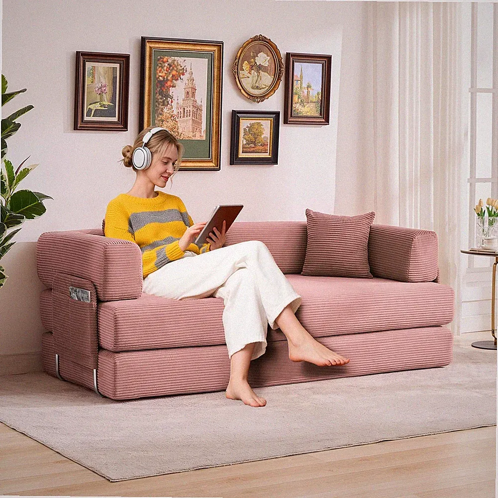 5-in-1 Convertible Corduroy Sleeper Sofa Bed 78.7", Folding with Pillows
