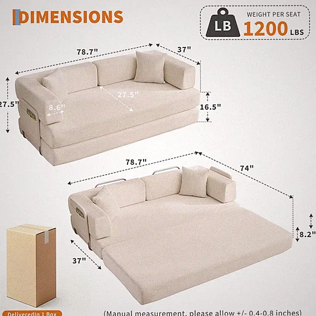 5-in-1 Convertible Corduroy Sleeper Sofa Bed 78.7", Folding with Pillows