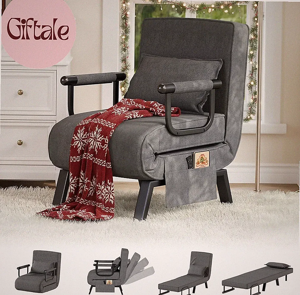 5 in 1 Convertible Sleeper Chair Bed Folding Sofa Adjustable Backrest Dark Grey