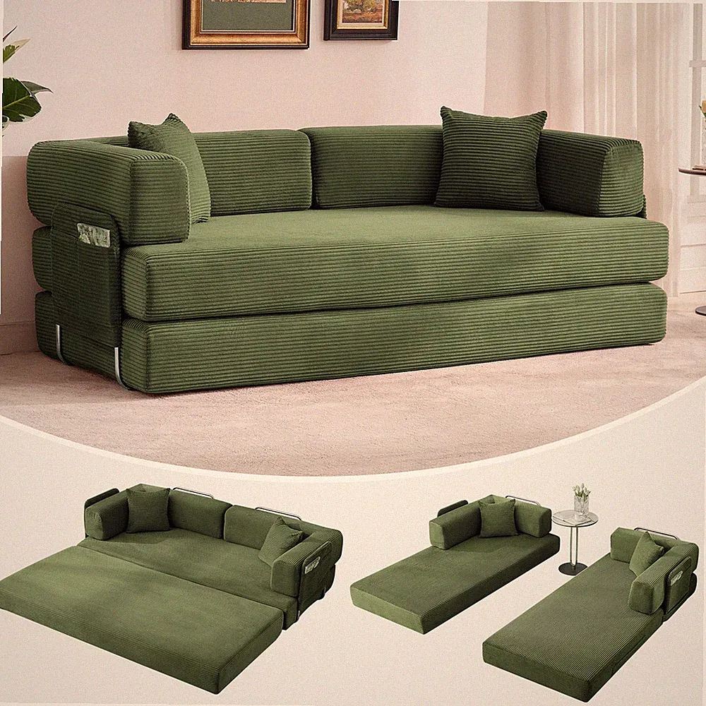 5-in-1 Convertible Sofa Bed, 78.7" Modular Corduroy Sleeper with Sturdy Frame