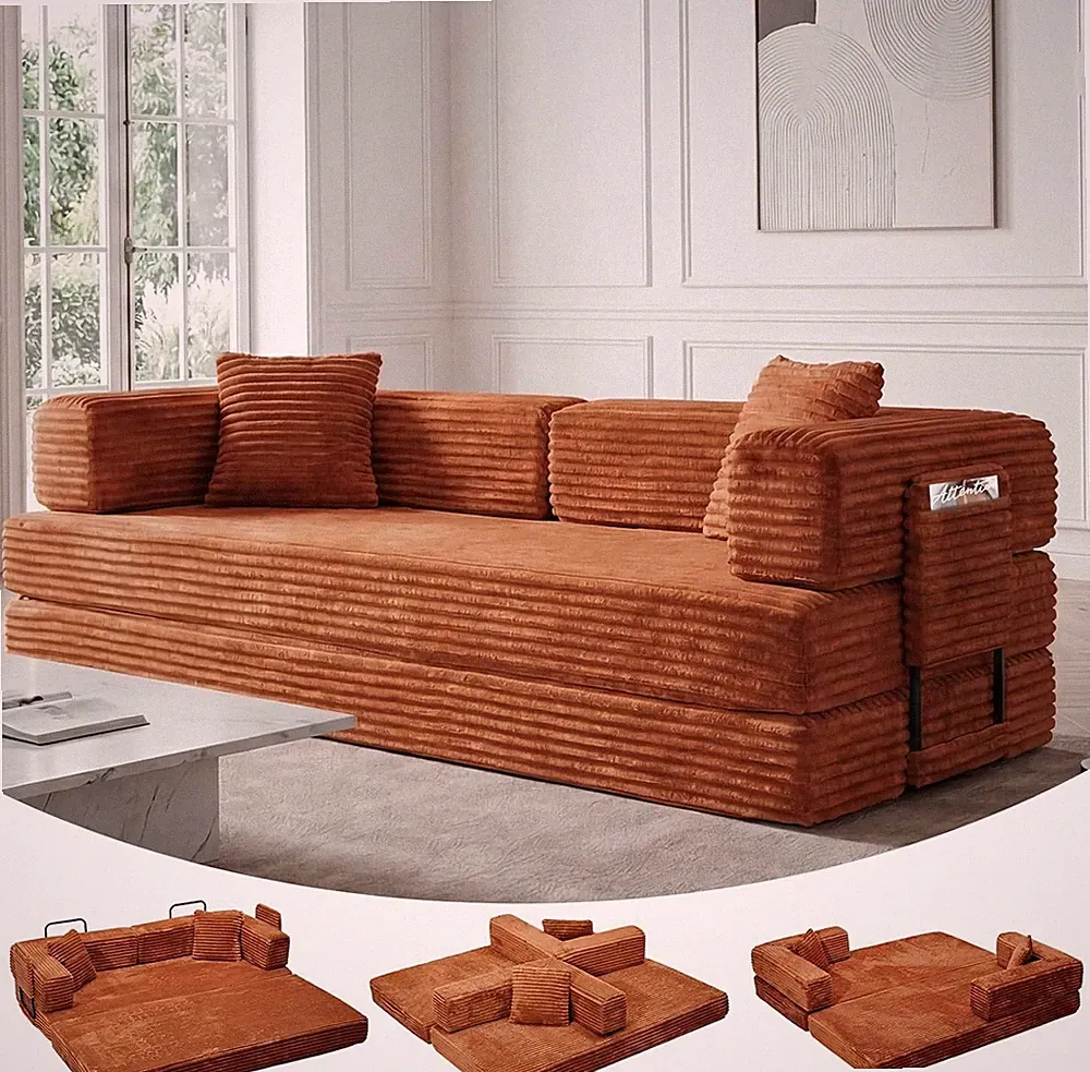 5-in-1 Convertible Sofa Bed, 80.7" Large Sleeper, Breathable Corduroy, 1200lbs