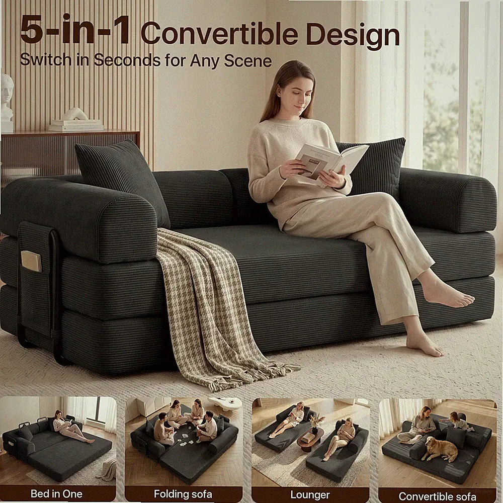 5-in-1 Convertible Sofa Bed, Corduroy Cloud Floor Boneless Couch for Living Room