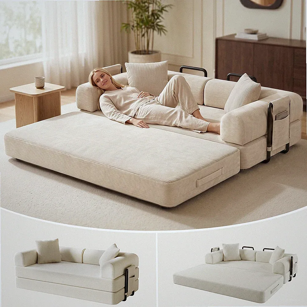 5-in-1 Convertible Sofa Bed,Corduroy Cloud Floor Couch for Living Room 4 People