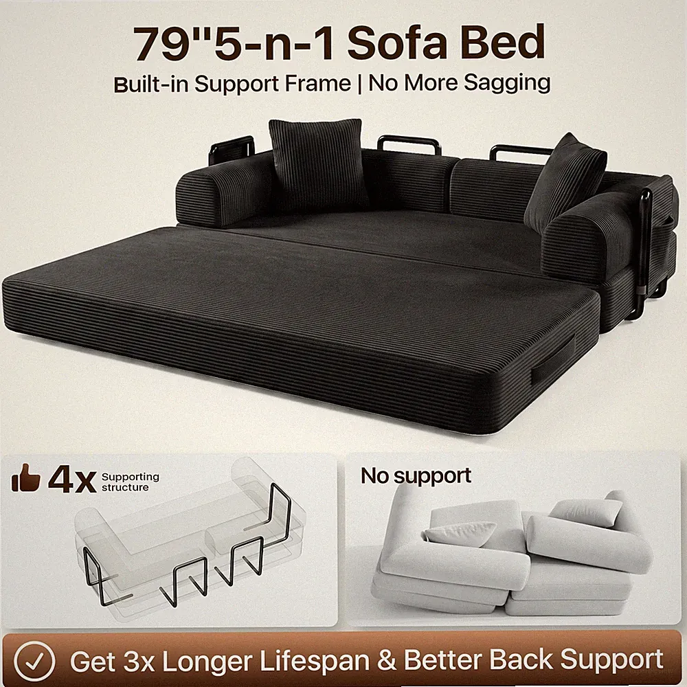5-in-1 Convertible Sofa Bed King Size, Floor Mattress Boneless Couch w/ Zipper