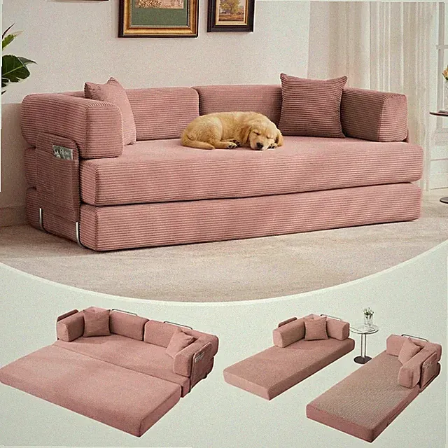 5-in-1 Convertible Sofa Bed, Pink Corduroy Futon Couch for Living Room & Bedroom