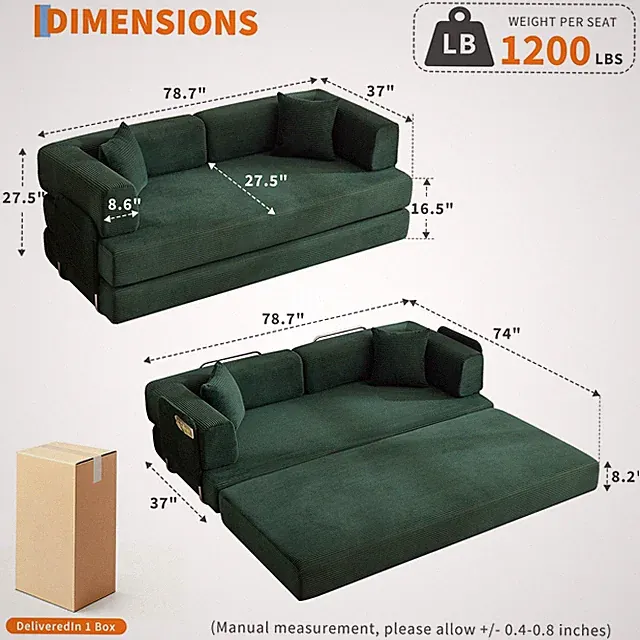 5-in-1 Folding 78.8" Convertible Sleeper Sofa Bed w/ Fixed-Shape Frame Corduroy