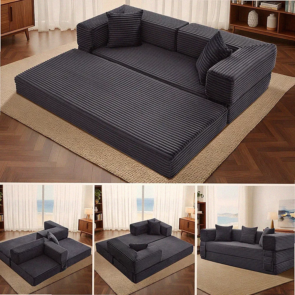 5-in-1 Folding Convertible Sofa Bed Corduroy Boneless Couch, Floor Futon Sofa
