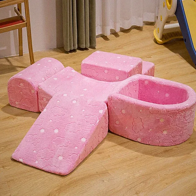 5-in-1 Kids Modular Couch & Glow-in-the-Dark Climbing Blocks - Pink Cloud