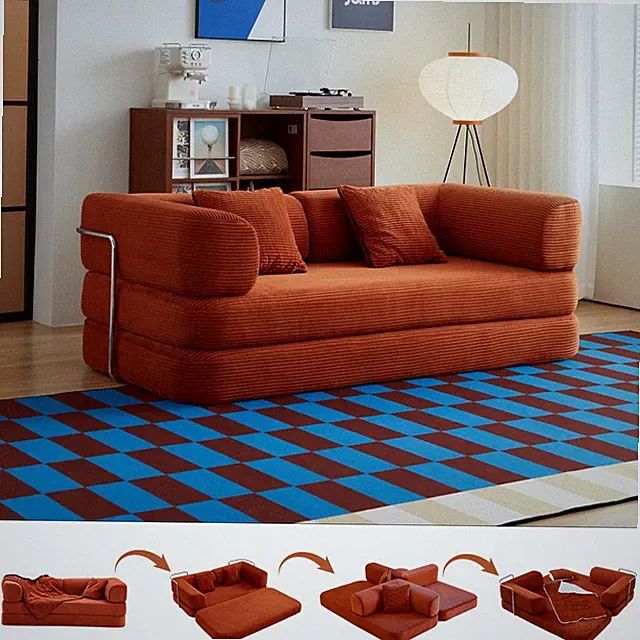 5-in-1 Modular Convertible Floor Couch Sofa Bed, Red Corduroy