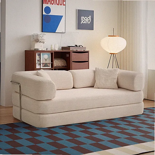 5-in-1 Modular Floor Sofa Bed Convertible w/ Blanket & Corduroy Cushions, Cream