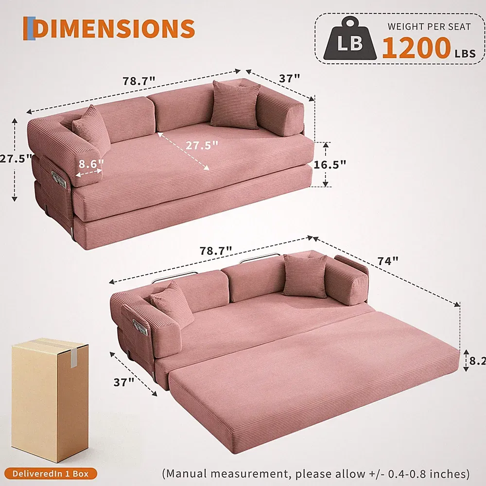 5-in-1 Plush Corduroy Boneless Convertible Couch -78.7" Folding Sofa Bed 9Colors