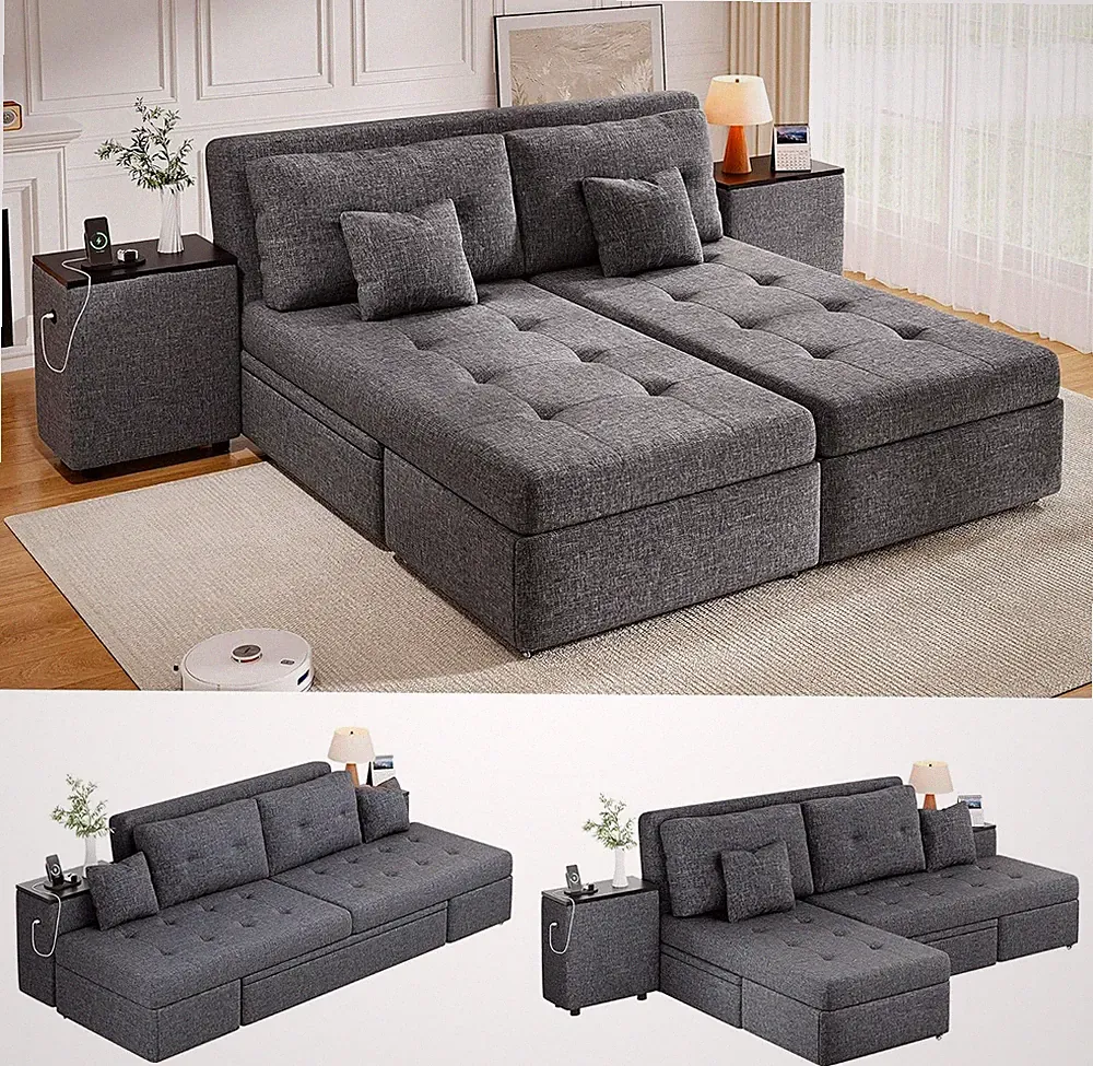 5-in-1 Queen Size Sofa Bed with Storage & USB Ports, Grey Sectional Couch