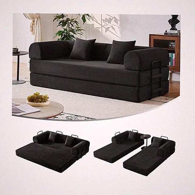 5-in-1 Sofa Bed, No Assembly, 79" Steel Sleeper w/ HR Foam, Corduroy, Black