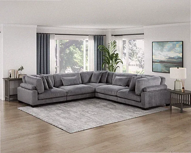5 PC GREY MODULAR CORDUROY SOFA SECTIONAL PILLOWS LIVING ROOM FURNITURE