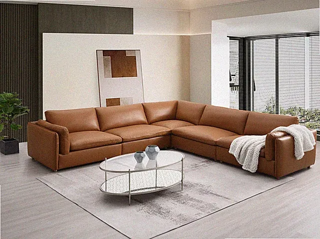 5 pc Sectional Sofa Leather Brighton Grain Pieces Modular, Brown