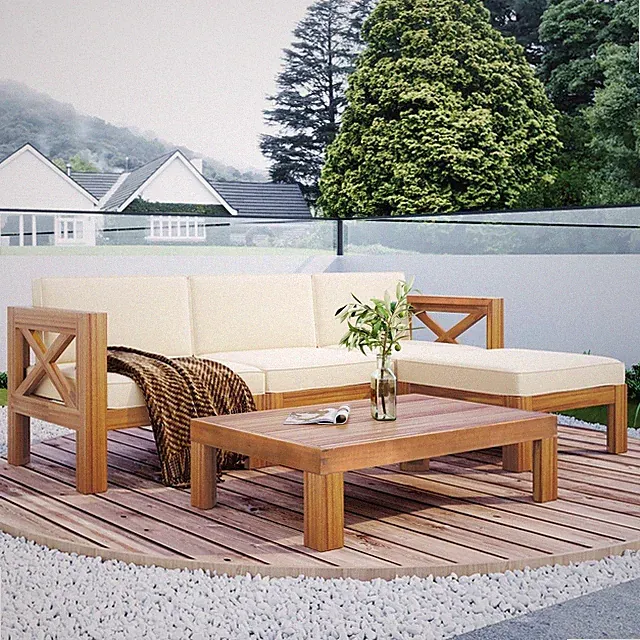 5-Pc Wood Patio Corner Sectional Sofa Set with Beige Cushions