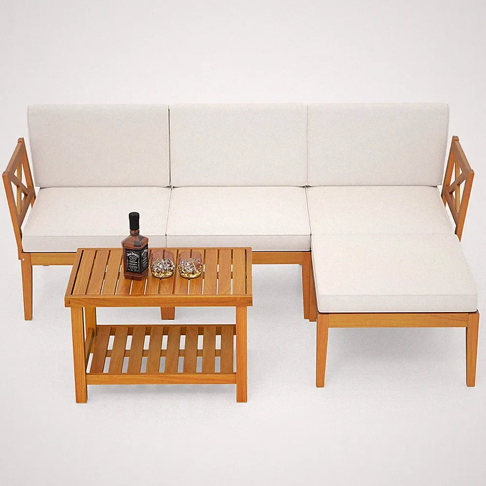 5 PCS Acacia Wood Patio Furniture Set w/ 2-Tier Coffee Table and Cushions