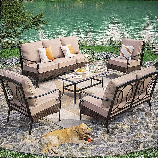5 Pcs Outdoor Patio Furniture Set Metal Rattan Sectional Conversation Sofa Set