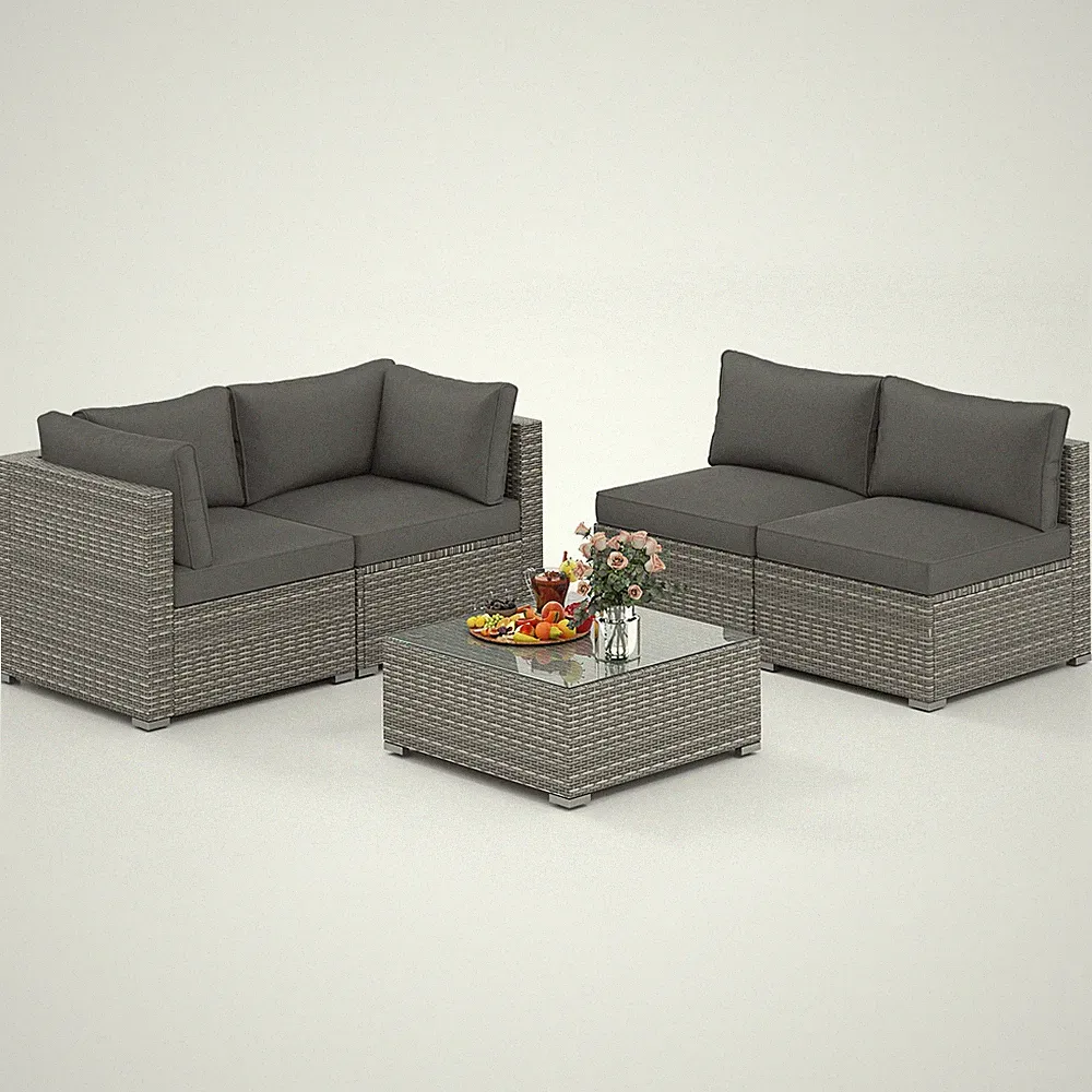 5 PCS Outdoor Patio Sectional Sofa Couch PE Rattan Conversation Set Gray