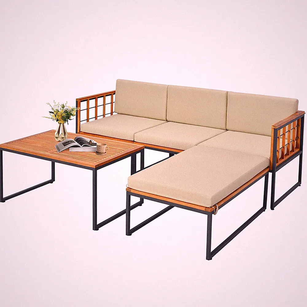 5 PCS Patio Furniture Set Acacia Wood Sectional Set with Seat & Back Cushions