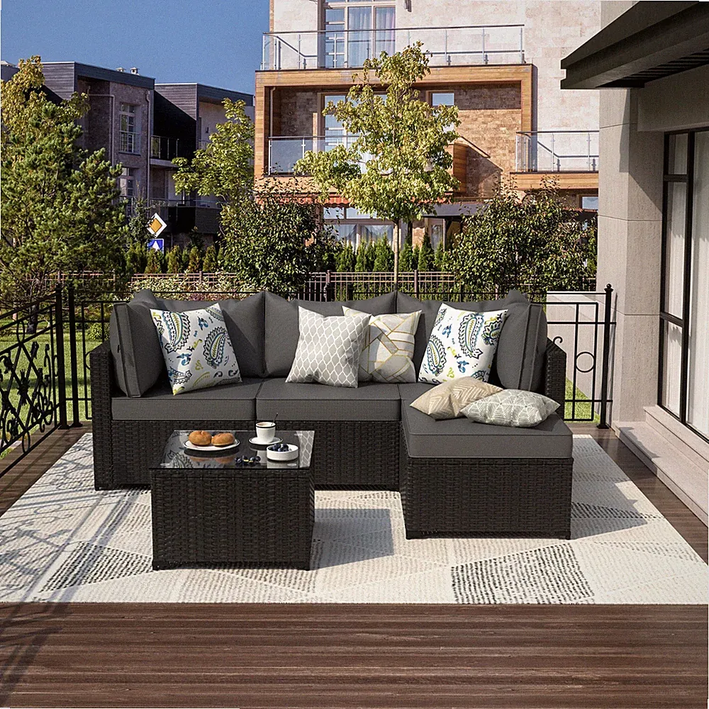 5 Pcs Patio Furniture Set Outdoor Sectional Sofa with PE Wicker Couch Seating