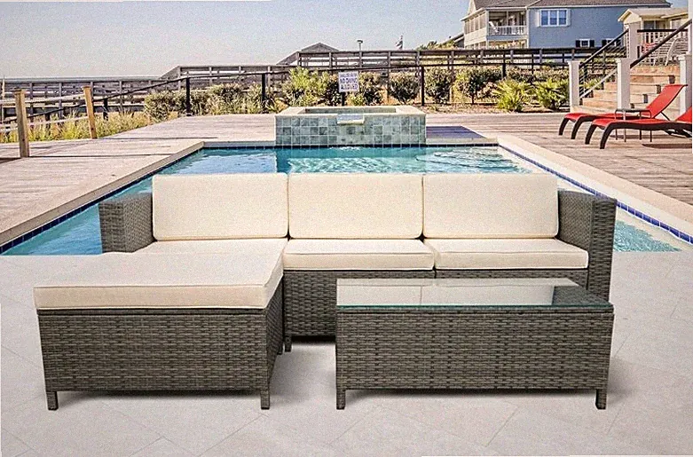 5 Pcs Patio Sofa Set, All Weather Outdoor Sectional Furniture W/ Cream Cushions
