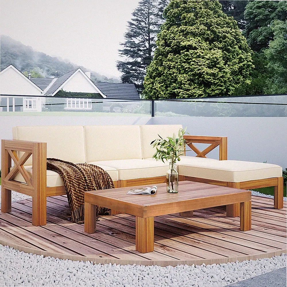 5-Piece Acacia Wood Outdoor Patio Sectional Sofa Set with Beige Cushions
