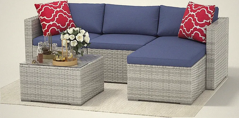 5-Piece All-Weather Outdoor Sectional Sofa Set with Ottoman & Glass Table