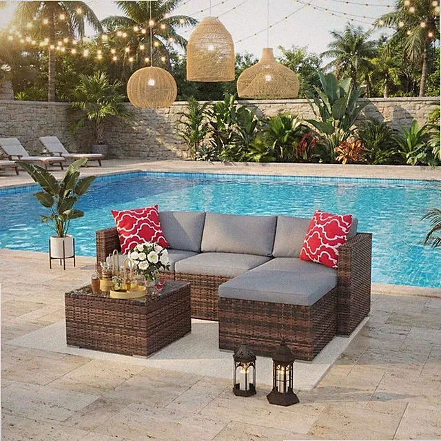5-Piece All-Weather Patio Sectional Sofa Set with Cushions & Glass Table