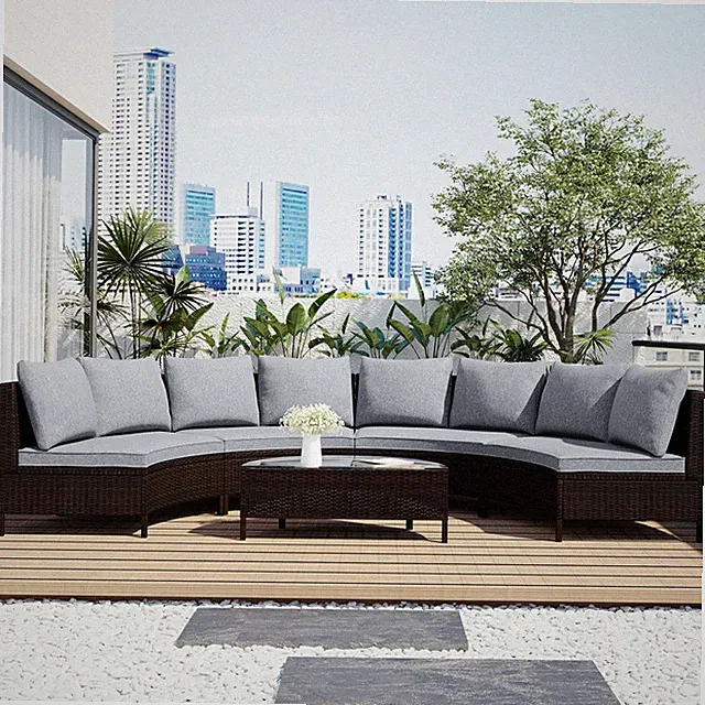 5-Piece All-Weather PE Rattan Patio Sectional Sofa Set w/ Table & Cushions, Grey