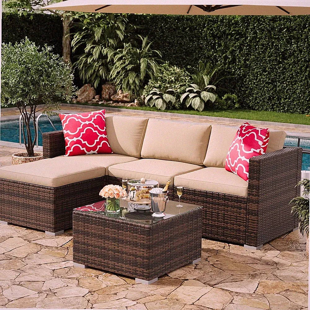 5-Piece All-Weather Rattan Sectional Sofa Set with Ottoman & Glass Table