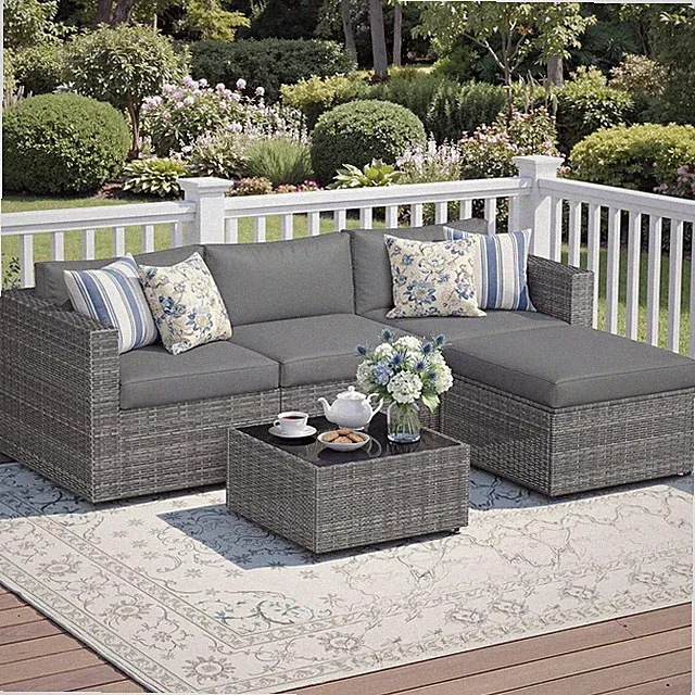 5-Piece All-Weather Wicker Patio Furniture Set with Cushions & Glass Table