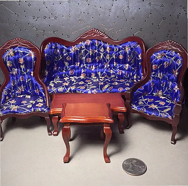 5 PIECE BLUE VICTORIAN LIVING ROOM SET SOFA AND 2 CHAIRS AND 2 TABLES BRAND NEW
