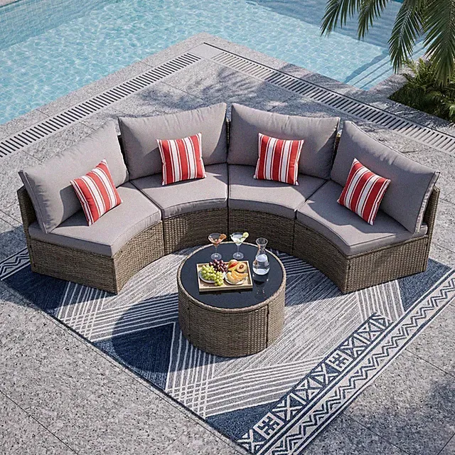 5-Piece Half Moon Patio Sectional Sofa Set w/ Cushions, Light Gray, Seats 6