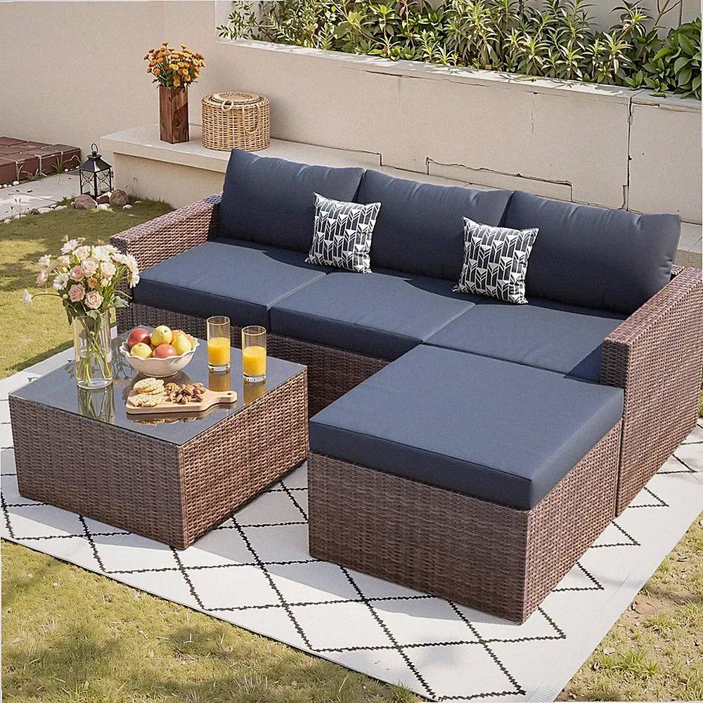 5 Piece L Shaped Outdoor Couch Small Space Patio Furniture Set Navy Blue