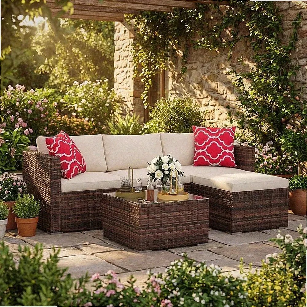 5-Piece L-Shaped Outdoor Patio Furniture Set, PE Wicker Sectional Sofa Set with