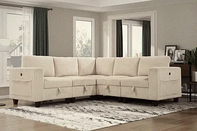5-Piece Modular Sectional Sofa Storage Beige Corduroy