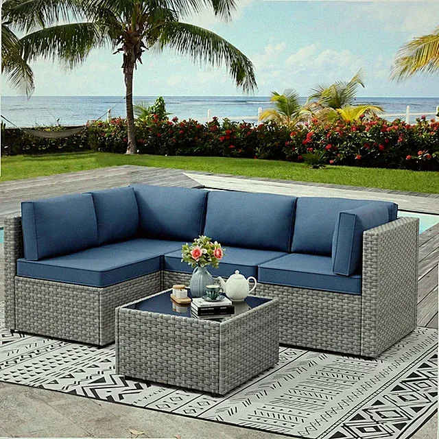 5 Piece Outdoor Patio Furniture Set Wicker Sectional Sofa Rattan Couch Navy